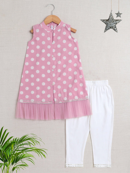 Sleeveless Polka Dots Printed & Lace Embellished Kurta With Salwar Set - Pink