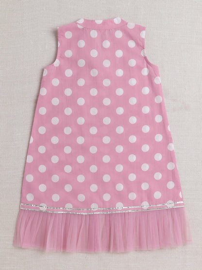 Sleeveless Polka Dots Printed & Lace Embellished Kurta With Salwar Set - Pink