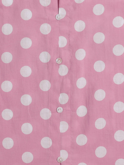 Sleeveless Polka Dots Printed & Lace Embellished Kurta With Salwar Set - Pink