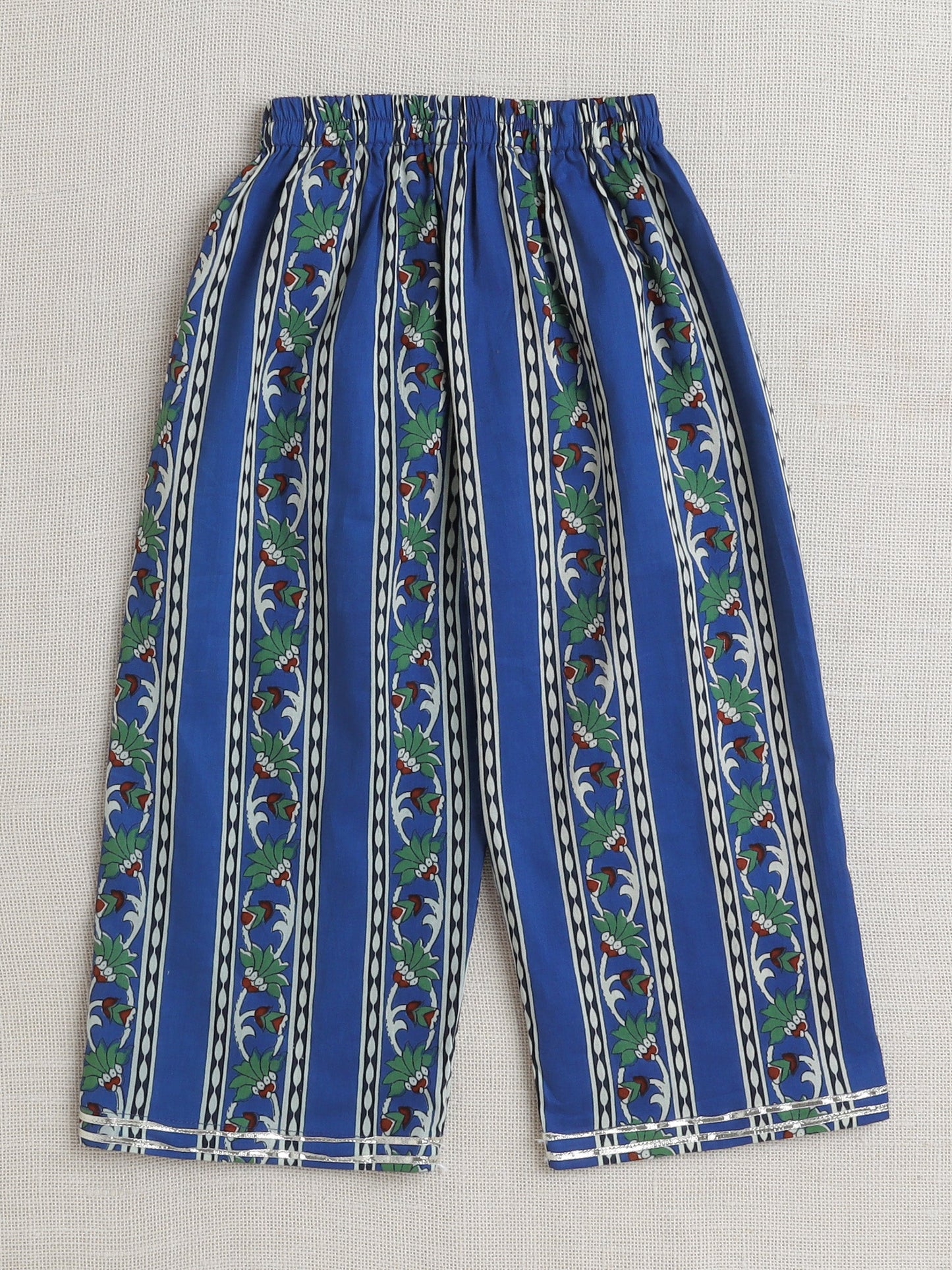 Three Fourth Sleeves Lace Embellished & Ethnic Motif Printed Kurta With Floral Printed Salwar Set - Navy Blue