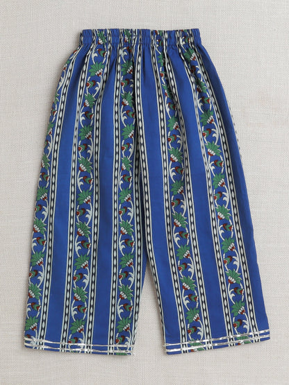 Three Fourth Sleeves Lace Embellished & Ethnic Motif Printed Kurta With Floral Printed Salwar Set - Navy Blue