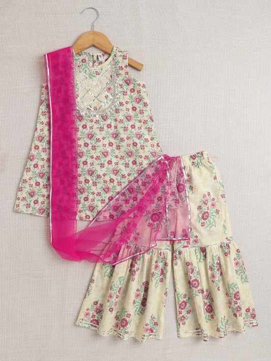 Sleeveless Floral Printed & Lace Embellished Kurta Palazzo With Dupatta Set - Off White