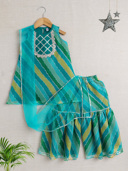 Sleeveless Stripe Print Kurta Sharara Set- Green