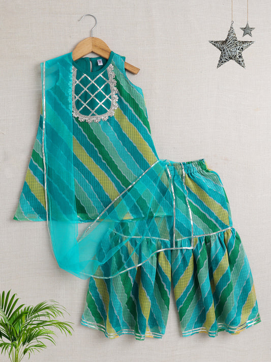 Sleeveless Stripe Print Kurta Sharara Set- Green