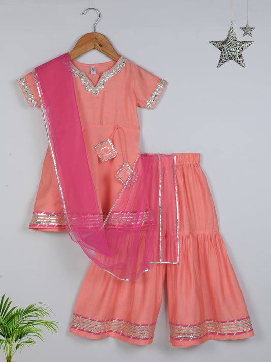 Short Sleeves Kurta with Lace Emebellished Sharara Set- Peach