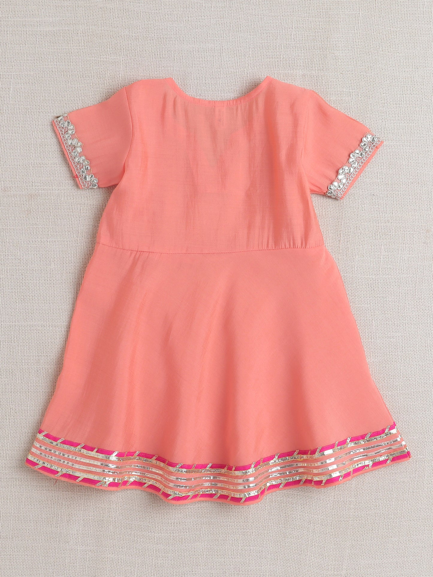 Short Sleeves Kurta with Lace Emebellished Sharara Set- Peach