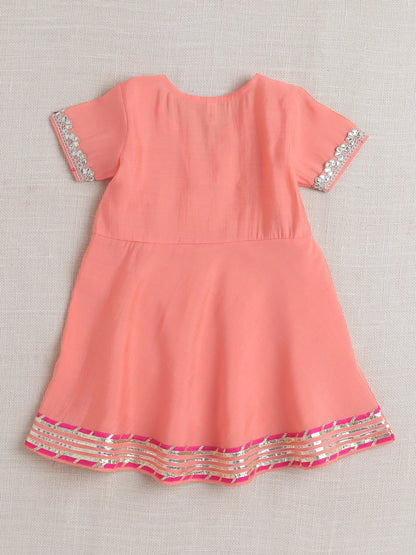 Short Sleeves Kurta with Lace Emebellished Sharara Set- Peach