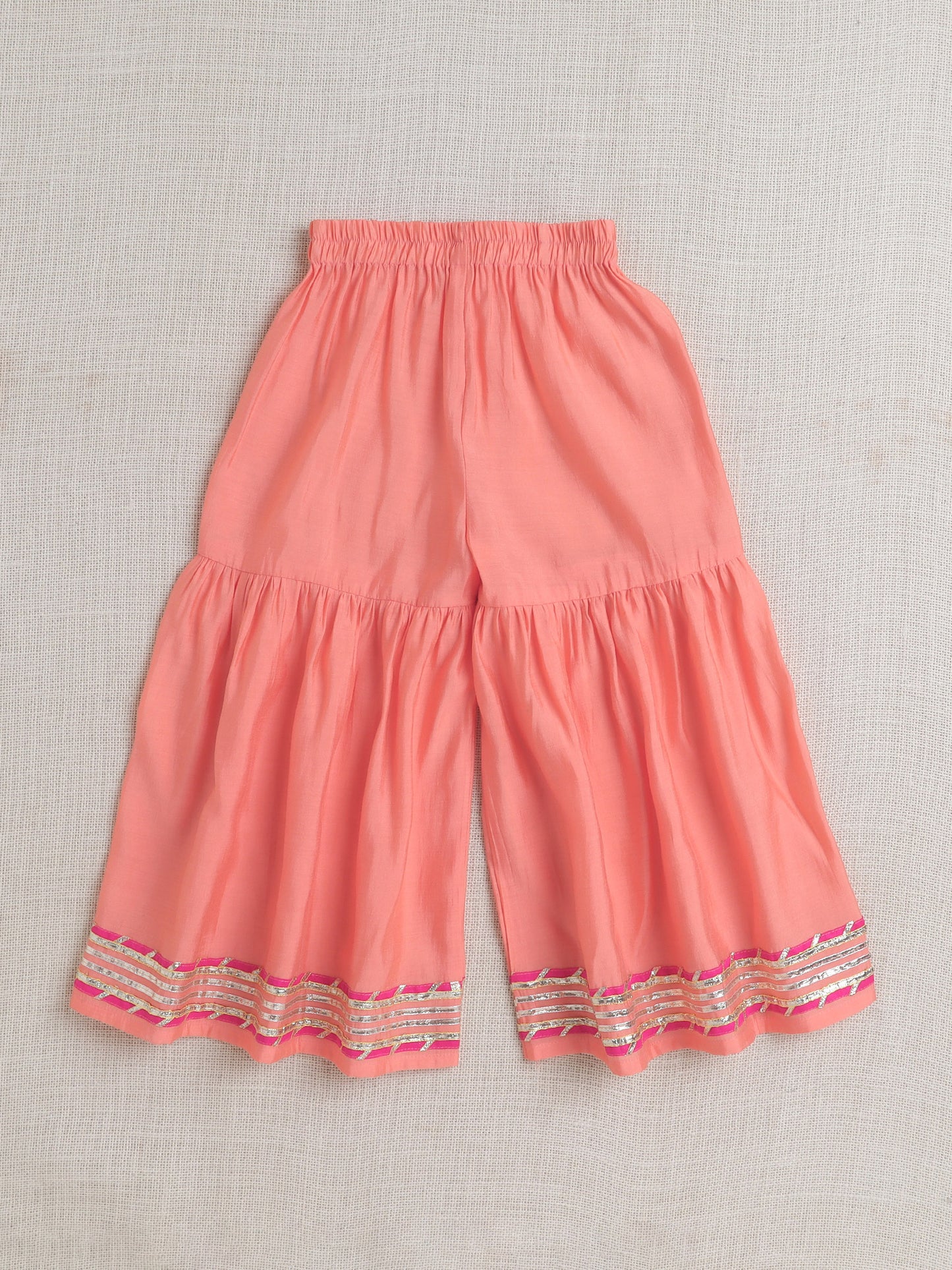 Short Sleeves Kurta with Lace Emebellished Sharara Set- Peach