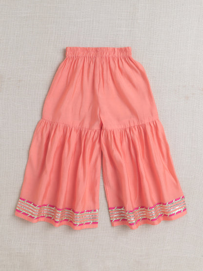 Short Sleeves Kurta with Lace Emebellished Sharara Set- Peach