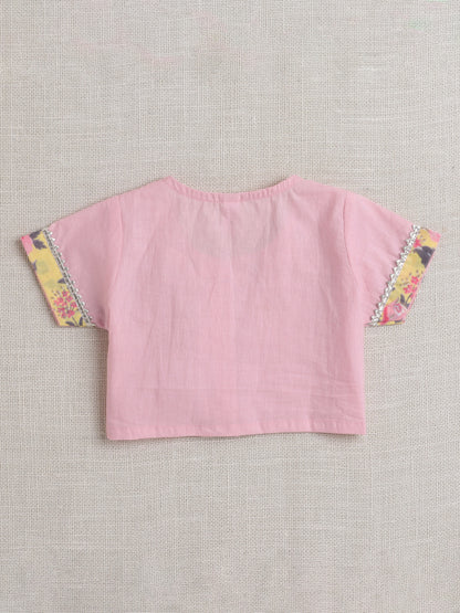 Short Sleeves Floral Print Lehnega Choli Set- Pink