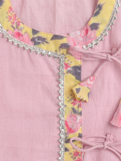 Short Sleeves Floral Print Lehnega Choli Set- Pink