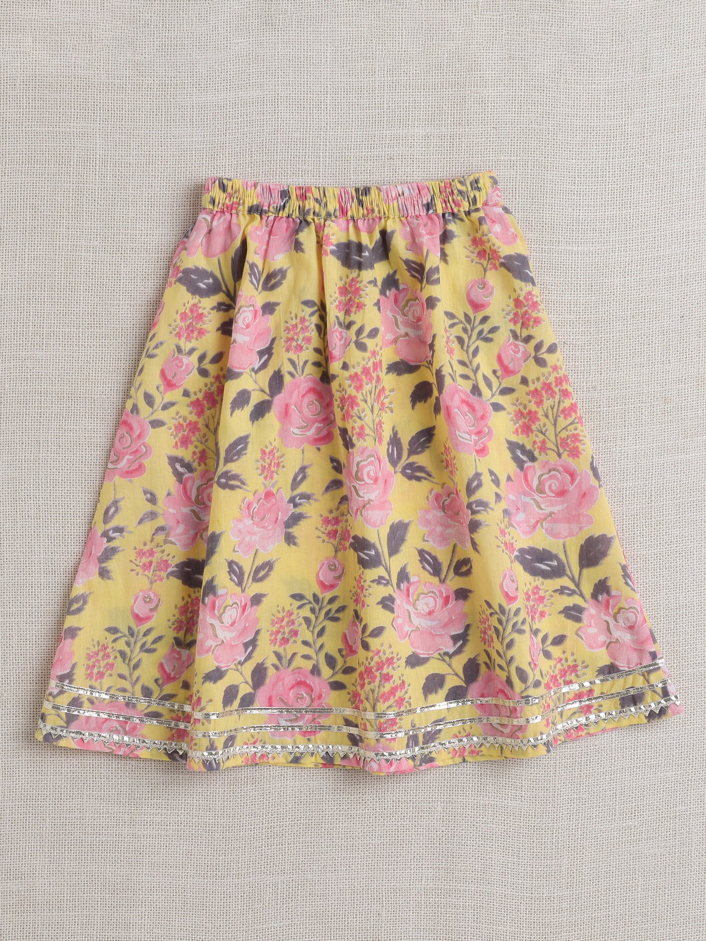 Short Sleeves Floral Print Lehnega Choli Set- Pink