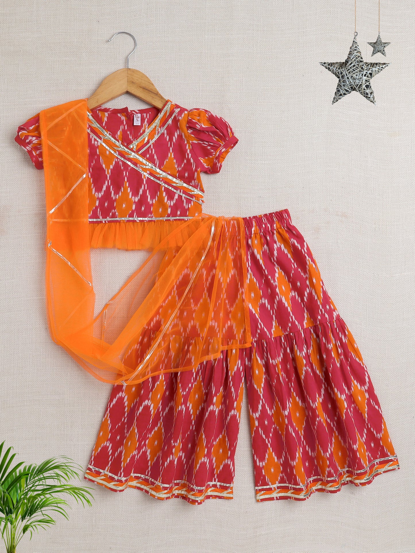 short Sleeves All Over Print Choli with Frills and Sharara Set- Red