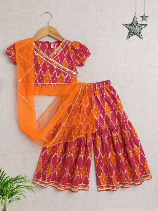 Cotton Half Puffed Sleeves Abstract Printed & Lace Embellished Choli & Palazzo Set - Red