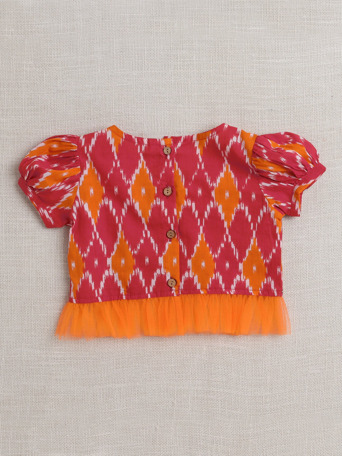 short Sleeves All Over Print Choli with Frills and Sharara Set- Red