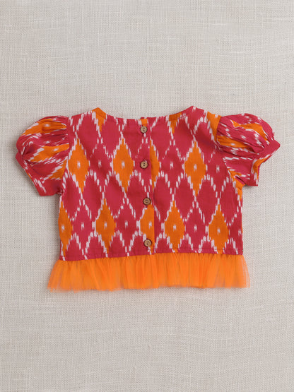 short Sleeves All Over Print Choli with Frills and Sharara Set- Red