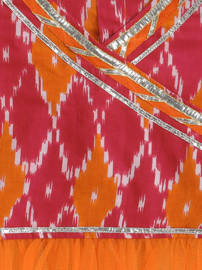short Sleeves All Over Print Choli with Frills and Sharara Set- Red