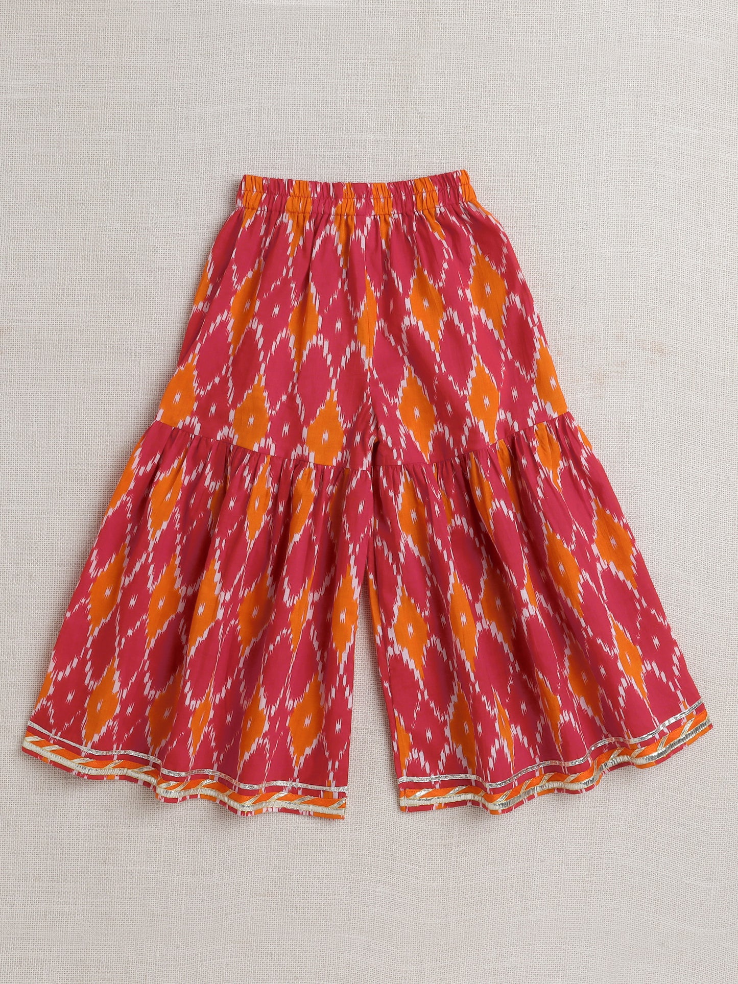 short Sleeves All Over Print Choli with Frills and Sharara Set- Red