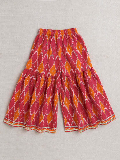 short Sleeves All Over Print Choli with Frills and Sharara Set- Red