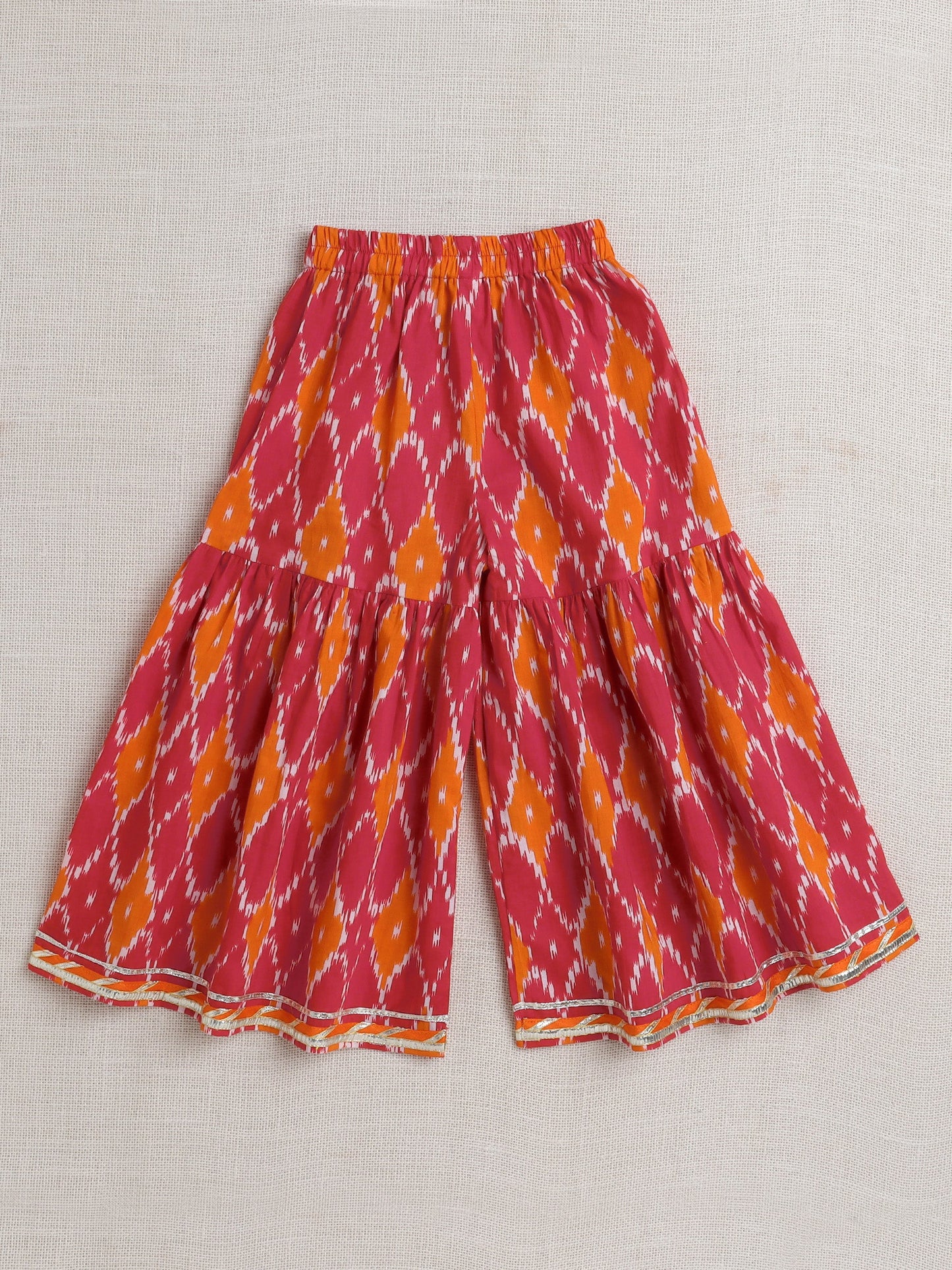Cotton Half Puffed Sleeves Abstract Printed & Lace Embellished Choli & Palazzo Set - Red