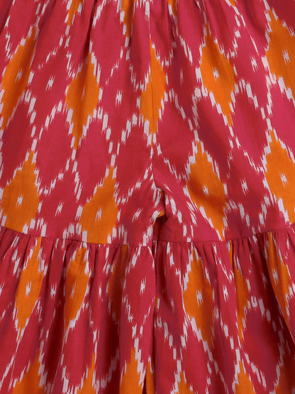 short Sleeves All Over Print Choli with Frills and Sharara Set- Red