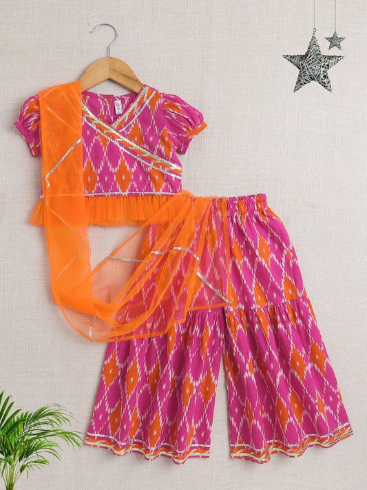 short Sleeves All Over Print Choli with Frills and Lehenga Set- Fuchsia