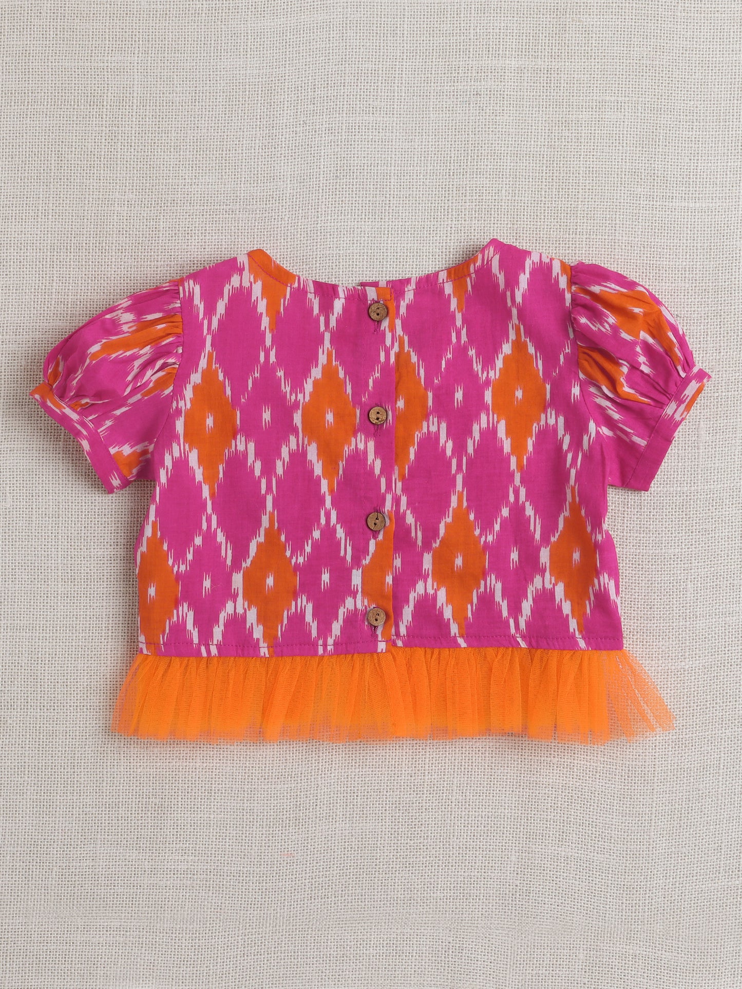 short Sleeves All Over Print Choli with Frills and Lehenga Set- Fuchsia