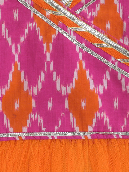short Sleeves All Over Print Choli with Frills and Lehenga Set- Fuchsia