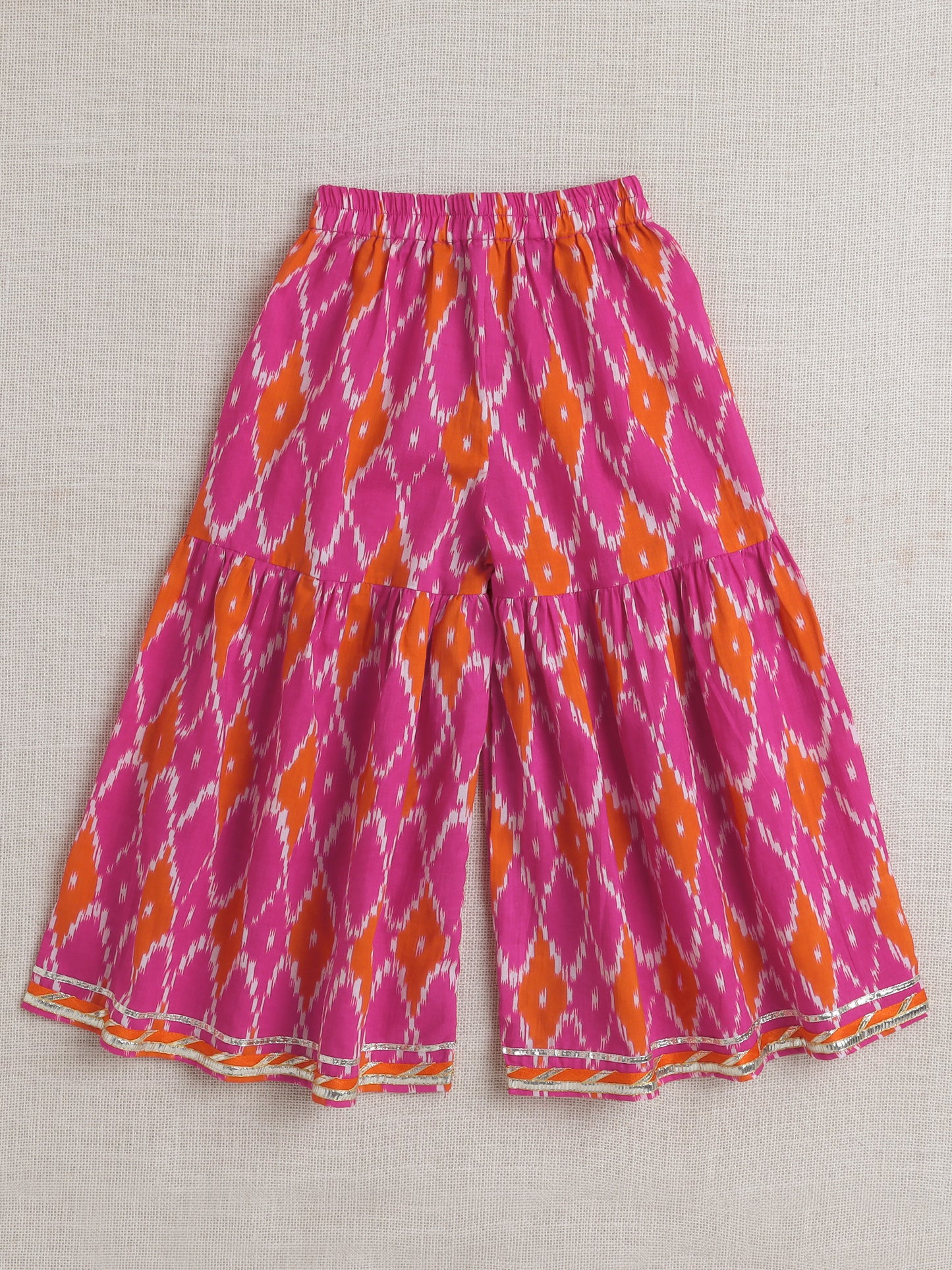 short Sleeves All Over Print Choli with Frills and Lehenga Set- Fuchsia