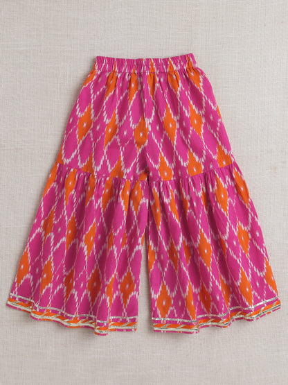 short Sleeves All Over Print Choli with Frills and Lehenga Set- Fuchsia