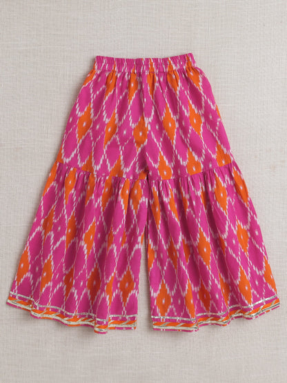 Cotton Half Puffed Sleeves Abstract Printed & Lace Embellished Choli & Palazzo Set - Fuchsia Pink