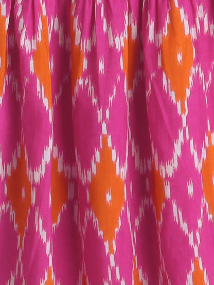 short Sleeves All Over Print Choli with Frills and Lehenga Set- Fuchsia