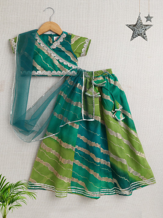 Short Sleeves Embellished All Over Print Lehenga Choli Set- Green