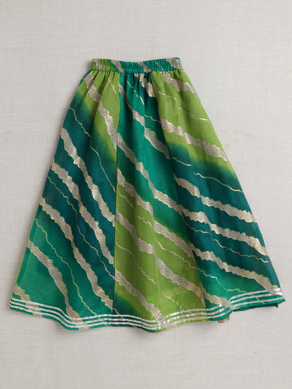 Short Sleeves Embellished All Over Print Lehenga Choli Set- Green