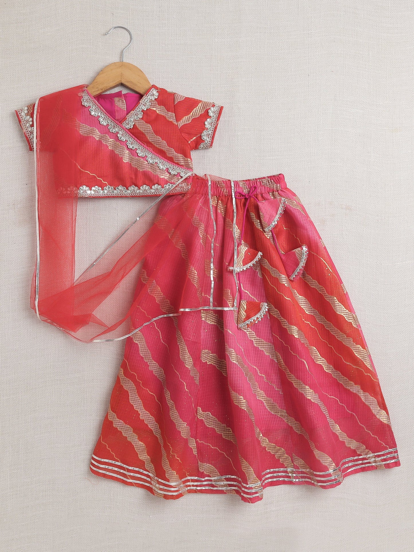 Half Sleeves Leheriya Foil Printed & Lace Embellished Coordinating Lehenga Choli With Dupatta Set - Peach