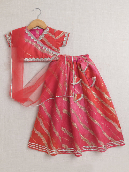 Half Sleeves Leheriya Foil Printed & Lace Embellished Coordinating Lehenga Choli With Dupatta Set - Peach