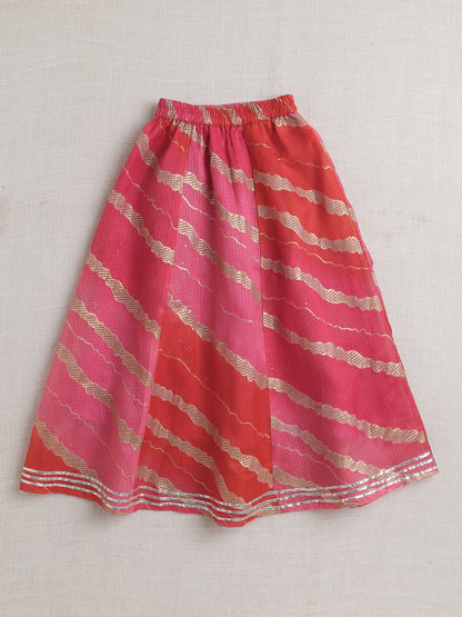Half Sleeves Leheriya Foil Printed & Lace Embellished Coordinating Lehenga Choli With Dupatta Set - Peach