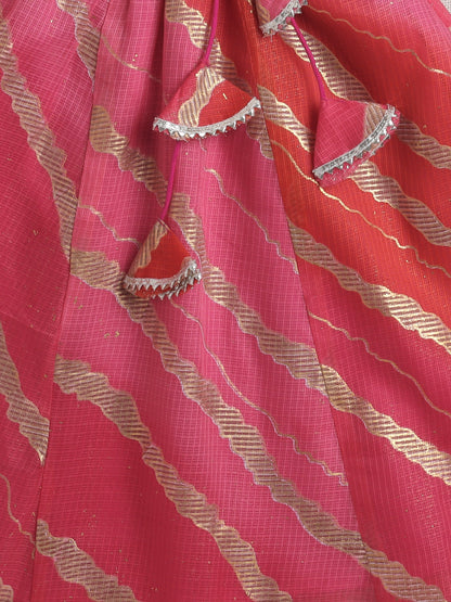Half Sleeves Leheriya Foil Printed & Lace Embellished Coordinating Lehenga Choli With Dupatta Set - Peach