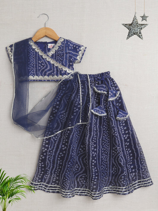 Short Sleeves Embellished All Over Print Lehenga Choli Set- Navy Blue