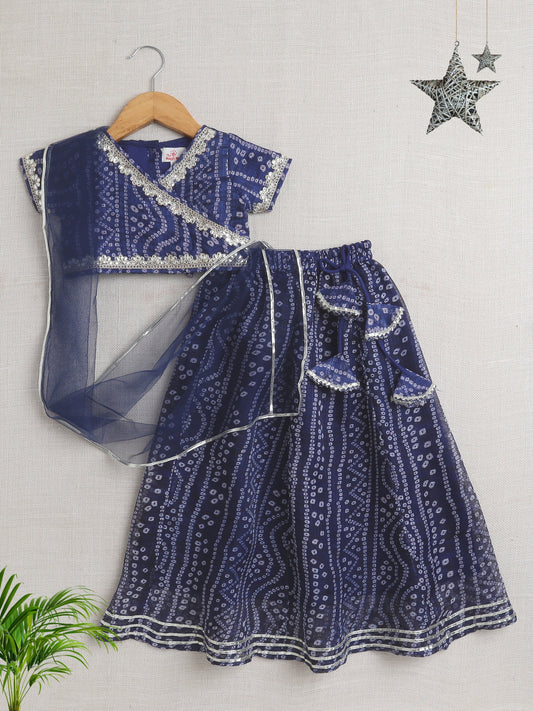 Half Sleeves Bandhani Designed & Lace Embellished Coordinating Lehenga Choli With Dupatta Set - Navy Blue