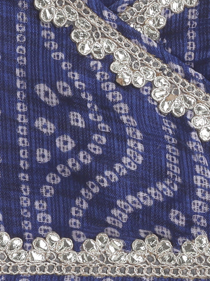 Short Sleeves Embellished All Over Print Lehenga Choli Set- Navy Blue
