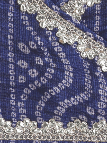 Half Sleeves Bandhani Designed & Lace Embellished Coordinating Lehenga Choli With Dupatta Set - Navy Blue