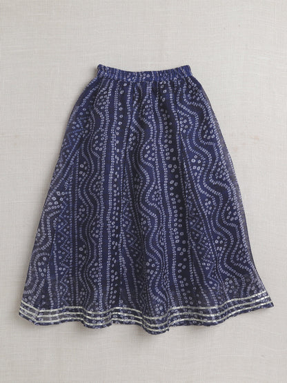 Half Sleeves Bandhani Designed & Lace Embellished Coordinating Lehenga Choli With Dupatta Set - Navy Blue