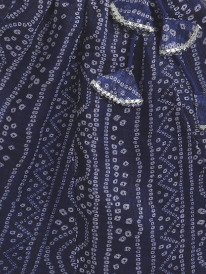 Short Sleeves Embellished All Over Print Lehenga Choli Set- Navy Blue