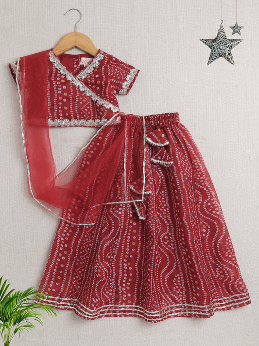 Half Sleeves Bandhani Designed & Lace Embellished Coordinating Lehenga Choli With Dupatta Set - Maroon