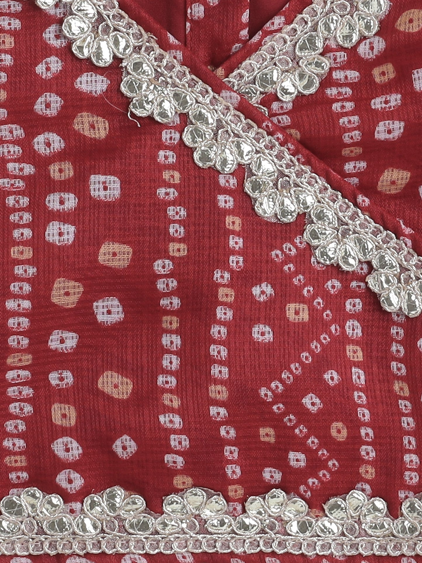 Half Sleeves Bandhani Designed & Lace Embellished Coordinating Lehenga Choli With Dupatta Set - Maroon