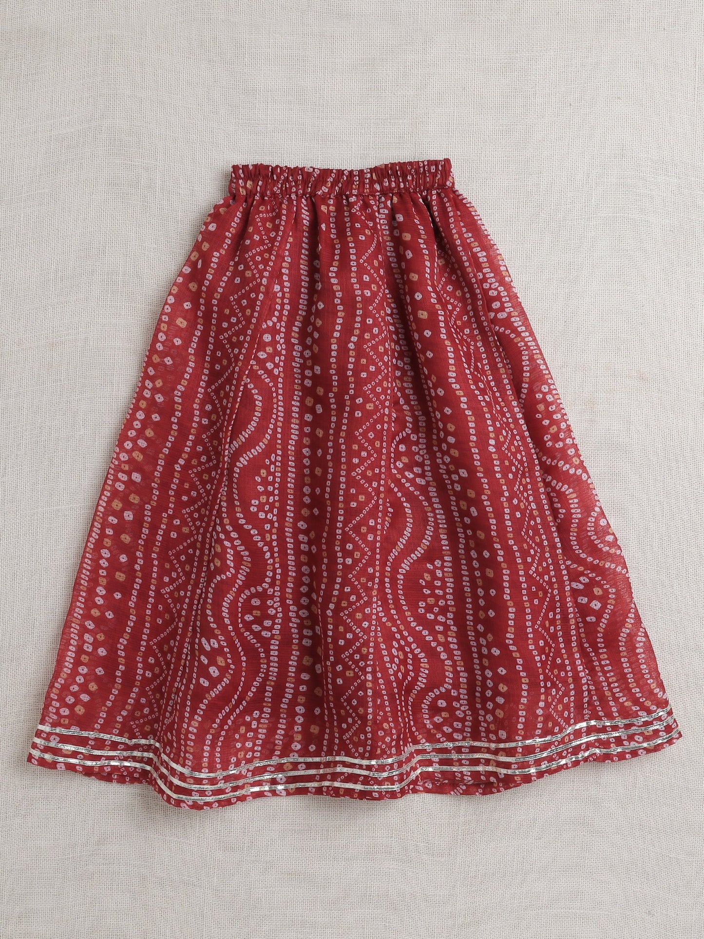 Half Sleeves Bandhani Designed & Lace Embellished Coordinating Lehenga Choli With Dupatta Set - Maroon
