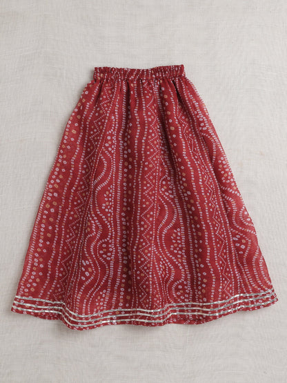 Half Sleeves Bandhani Designed & Lace Embellished Coordinating Lehenga Choli With Dupatta Set - Maroon