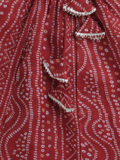 Half Sleeves Bandhani Designed & Lace Embellished Coordinating Lehenga Choli With Dupatta Set - Maroon