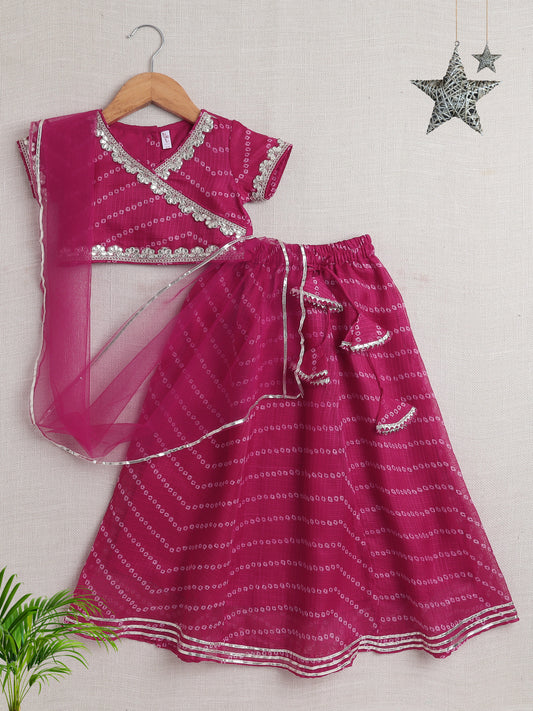 Short Sleeves Embellished All Over Print Lehenga Choli Set- Fuchsia